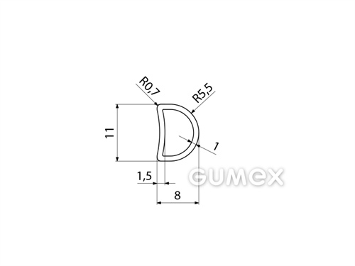 "D" Silikonprofil mit Loch, 11x8/R5,5mm, 60°ShA, ISO 3302-1 E2, -60°C/+180°C, transparent, 